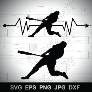 May include: Black silhouette of a baseball player swinging a bat, with a heartbeat line graphic above. The image includes the text "SVG EPS PNG JPG DXF" at the bottom, indicating file formats.
