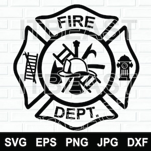 Könnte beinhalten: Eine schwarze Grafik in Form eines Malteserkreuzes mit dem Text FIRE DEPT. In der Mitte befinden sich ein Feuerwehrhelm, eine Leiter und ein Hydrant. Das Design ist als flache, einfarbige schwarze Silhouette auf weißem Hintergrund dargestellt.