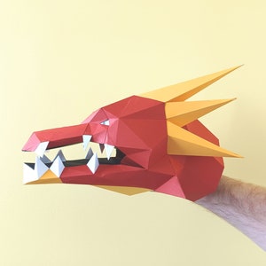 Paper Hand Puppet of a Dragon in Red with Yellow horns