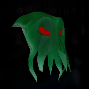May include: A green, low-poly, 3D model of a monster with red eyes. The monster has a large head and a long, thin body with tentacles.