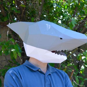 Shark Mask Papercraft Template Baby Shark Animal Mask Halloween Mask Daddy Shark Paper Mask Low Poly DIY Mask image 1