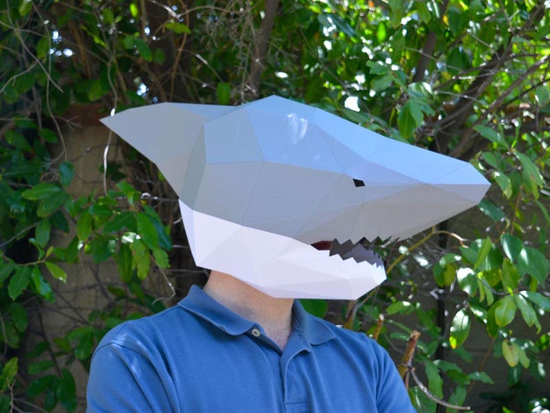 Shark Mask Papercraft Template Baby Shark Animal Mask Halloween Mask Daddy Shark Paper Mask Low Poly DIY Mask image 1