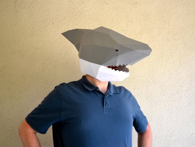 Shark Mask Papercraft Template Baby Shark Animal Mask Halloween Mask Daddy Shark Paper Mask Low Poly DIY Mask image 7