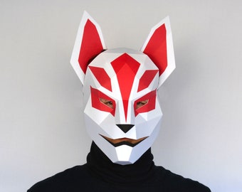 Japanisches Fuchs-Masken-Muster: PDF-Vorlage für ein Papercraft Kitsune