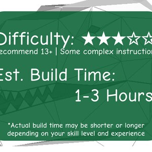 May include: Green and white graphic with the text "Difficulty: ★★★★☆" and "Recommend 13+ | Some complex instructions". The text "Est. Build Time: 1-3 Hours*" is also included. The text "*Actual build time may be shorter or longer depending on your skill level and experience" is at the bottom of the graphic.