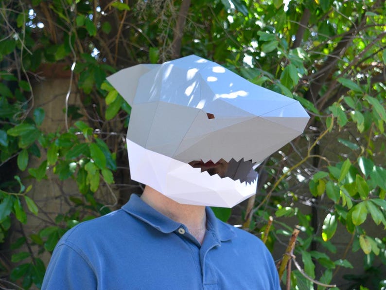 Shark Mask Papercraft Template Baby Shark Animal Mask Halloween Mask Daddy Shark Paper Mask Low Poly DIY Mask image 2