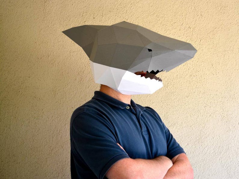 Shark Mask Papercraft Template Baby Shark Animal Mask Halloween Mask Daddy Shark Paper Mask Low Poly DIY Mask image 9