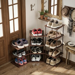 May include: A multi-tiered, brown shoe rack filled with various shoes. The shoes include sneakers, sandals, and casual footwear in a range of colors. The rack is positioned in a corner, near a door and a mirror.