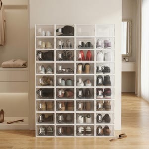 Paquete de 12 cajas organizadoras de zapatos apilables, estante para zapatillas, armario de almacenamiento de zapatos, diseño de interiores, almacenamiento vintage, estante de zapatos coleccionable de plástico