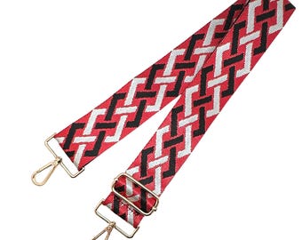 May include: Red, black, and white patterned adjustable strap with gold metal hardware. The strap is approximately 4.5 cm wide.