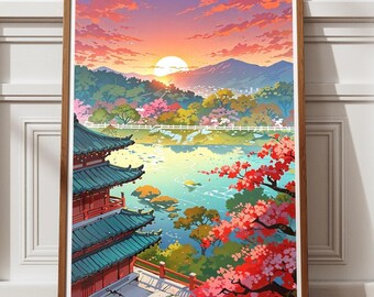 Whispering Horizon: Ruhige japanische Landschaft und Natur Wandkunst