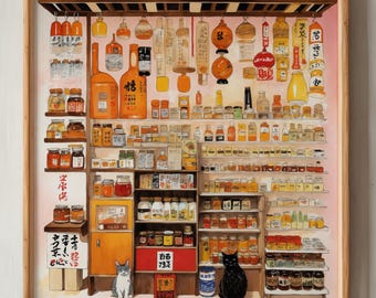 Cats at the Convenience Store Art Print: Ukiyo-e Japanese Illustration (Digital Download)