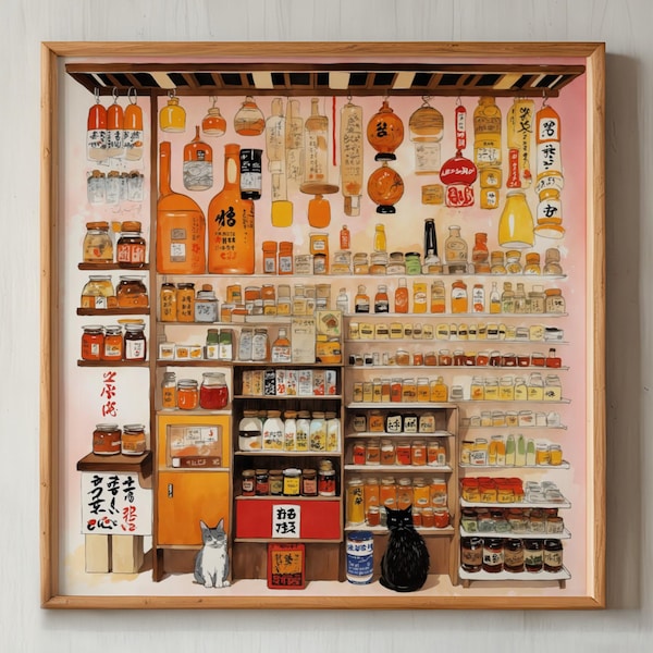 Cats at the Convenience Store Art Print: Ukiyo-e Japanese Illustration