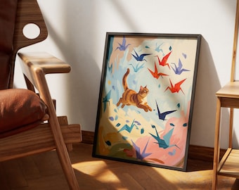 Paper Crane Playtime – Japanese Origami Cat Print, Matisse-Style Wall Art, Minimalist Decor