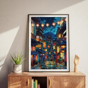 K&ouml;nnte beinhalten: Ein digitales Gem&auml;lde einer engen Gasse in einer japanischen Stadt bei Nacht. Die Gasse ist ges&auml;umt von Geb&auml;uden mit roten Laternen, die dar&uuml;ber h&auml;ngen. Die Geb&auml;ude sind mit warmen gelben Lichtern beleuchtet. Die Gasse ist nass vom Regen und spiegelt die Lichter wider.