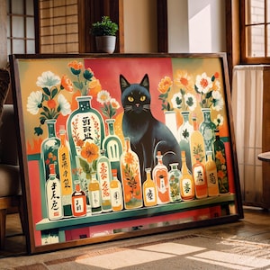 Stampa di un gatto nero sullo scaffale di un negozio di botanica, illustrazione, Ukiyo-e, stile Enikő Eged, Japandai, giapponese, stravagante, cibo, arte murale floreale