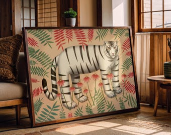 Japanese White Tiger Art Print: Sakura Fern Illustration