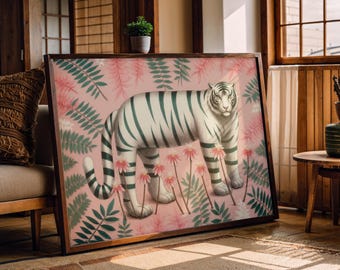 White Tiger Japanese Art Print: Sakura Fern Zen Decor