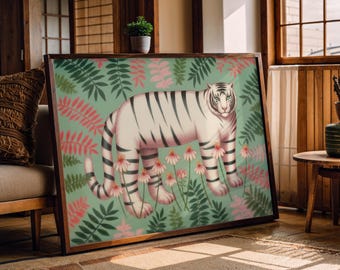 Japanese White Tiger Art Print: Sakura Fern Zen Decor