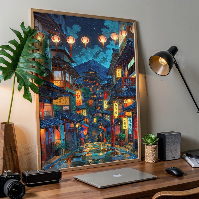 K&ouml;nnte beinhalten: Ein digitales Gem&auml;lde einer japanischen Stra&szlig;enszene bei Nacht. Die Stra&szlig;e ist ges&auml;umt von traditionellen Geb&auml;uden mit Laternen, die &uuml;ber ihnen h&auml;ngen. Die Geb&auml;ude sind hell beleuchtet und es sind Menschen auf der Stra&szlig;e unterwegs. Die Szene spielt vor dem Hintergrund einer Bergkette.
