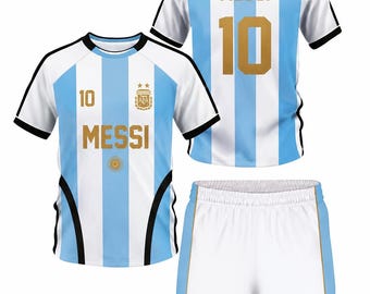 Messi 10 Kinder-Fußball-Set, Fußball-Trikot und Shorts, maßgeschneidertes Jugend-Shirt, Geschenk für Argentinien-Fans, Weihnachten, Fußball-Kinder-Kit