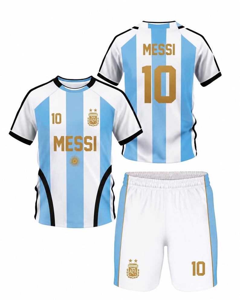 Puede incluir: Un conjunto de camiseta de manga corta y pantal&oacute;n corto con las rayas verticales azul claro y blancas de la selecci&oacute;n nacional de Argentina. La camiseta muestra el nombre MESSI y el n&uacute;mero 10 en dorado, junto al escudo AFA y un sol.