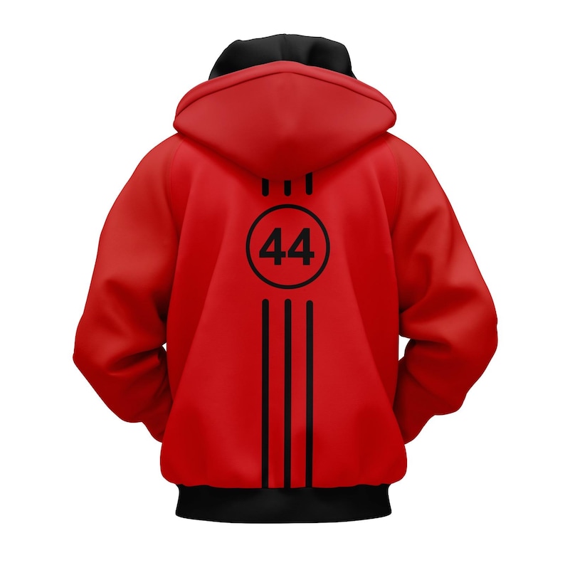 May include: A red hooded sweatshirt with a black hood and black accents. The back of the sweatshirt features a black circle with the number 44 inside, along with three vertical black stripes and three short lines above the circle.