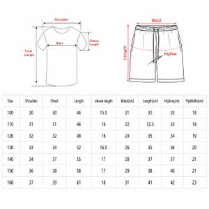 Puede incluir: Una tabla de tallas para un conjunto de camiseta y pantalones cortos. El diagrama muestra dibujos lineales de una camiseta y pantalones cortos con etiquetas para hombro, busto, largo de manga, largo total, cintura, largo y cadera, junto a una tabla en cm.