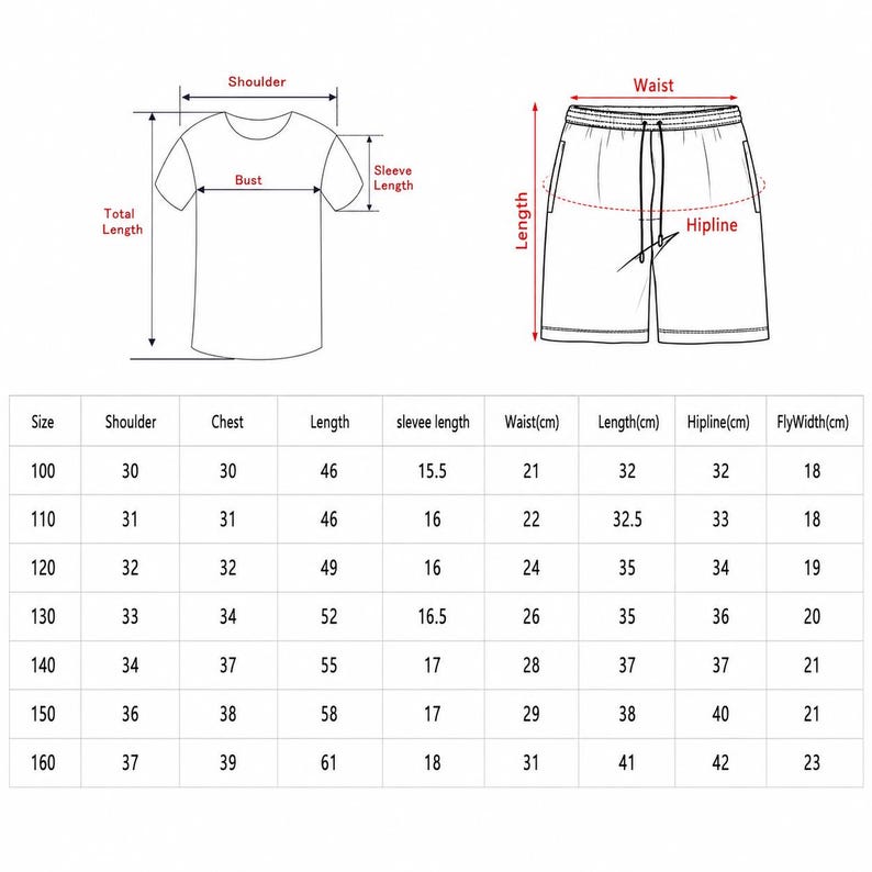 Puede incluir: Una tabla de tallas para un conjunto de camiseta y pantalones cortos. El diagrama muestra dibujos lineales de una camiseta y pantalones cortos con etiquetas para hombro, busto, largo de manga, largo total, cintura, largo y cadera, junto a una tabla en cm.