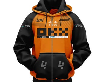 May include: Black and orange zippered hoodie with the number 4 on the front pockets. The hoodie has the logos of McLaren, Cisco, Dell Technologies, and the GP World Tour.