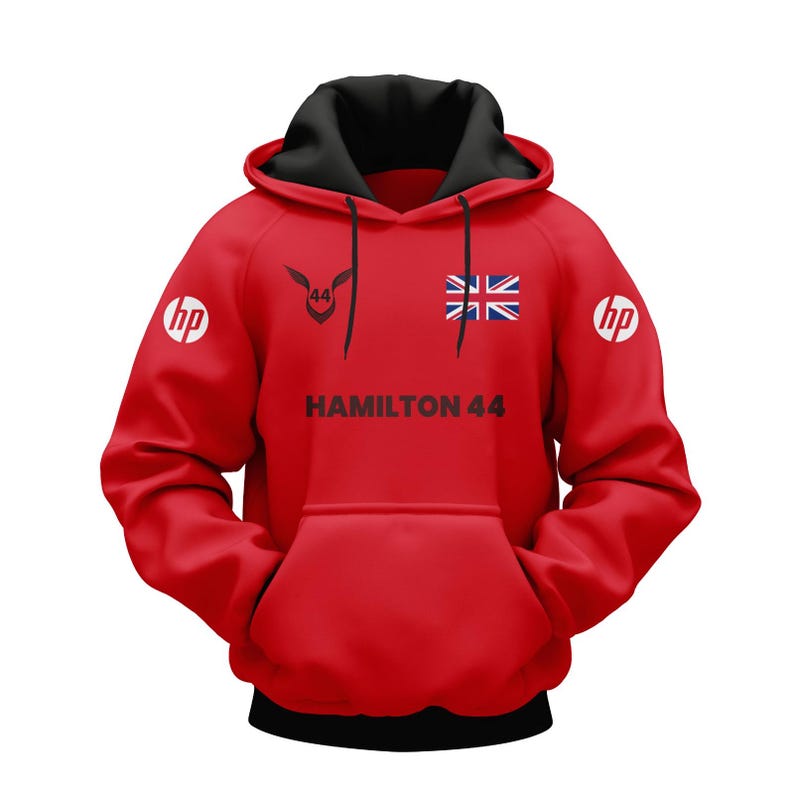 May include: Red hoodie with a black hood and drawstrings. Features the text "HAMILTON 44" and a British flag graphic. Includes "hp" logos on the sleeves.