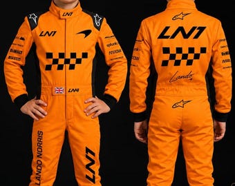 Macacão de corrida infantil inspirado em Lando Norris | Fantasia de Fórmula 1 para crianças | Macacão de automobilismo | Presente de aniversário para fãs de corrida