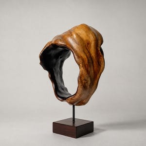 Può includere: Un oggetto scultoreo caratterizzato da un esterno in legno marrone chiaro lucido con venature naturali e un interno nero opaco liscio. Il pezzo è circolare con una forma organica irregolare ed è montato su un'asta metallica sottile e una base quadrata.