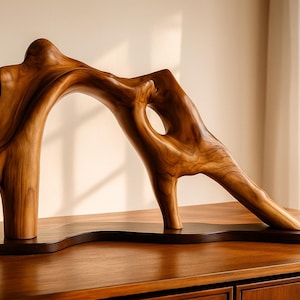 Teak Wood Sculpture: Modern Abstract Art, Handmade Centerpiece