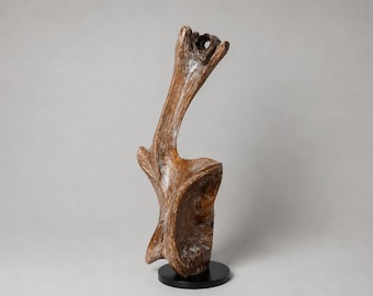 May include: A tall, abstract wooden sculpture with a natural, organic form. The sculpture is a warm brown color with lighter streaks and sits on a small, round black base. The wood grain is visible.