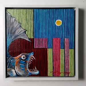 Original Acrylic painting "Predatory Fish", fish painting, Mini painting, original painting, indonesian art painting, painting on canvas