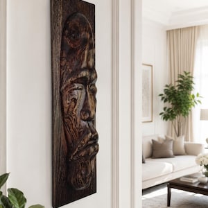 Hand-Carved Teak Wood Face Sculpture • Rustic One-of-a-Kind Wall Art, home decor