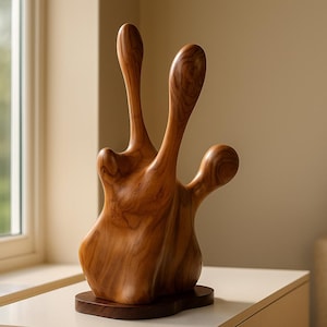 Hand Carved Teak Wood Abstract Sculpture: Modern Organic Decor