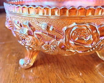 Retro Imperial Glass Lustre Rose Gold Marigold 3 Footed Bowl Carnival Glass