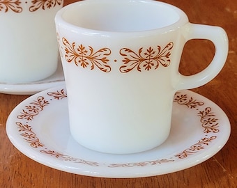 Vintage 1960s Pyrex Copper Filigree Cups and Saucers Set for 2
