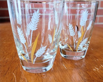 Retro Gold and White Wheat Spray Juice Glasses by Libbey Glass Set of 2