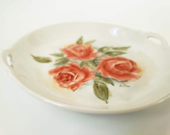 Vintage 1980s Hand Painted Rose Small Decorative Tray/Plate