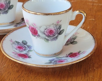 Retro Pink and Green Tea Rose Espresso Cups and Saucers set for 2