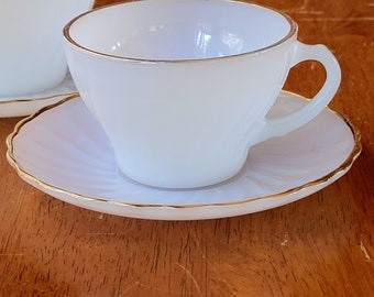 Vintage 1950s Anchor Hocking Milkglass Gold Trimmed Cups and Saucers Set for 2
