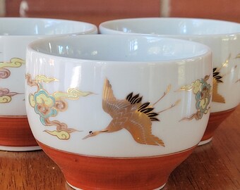 Retro Japanese Tea Cups with Golden Geese Set of 3