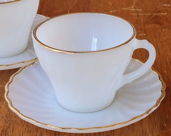 Vintage 1960s Anchor Hocking Milkglass with Gold Trim Cup and Saucers Set for 2