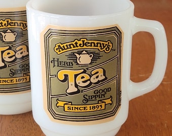 Vintage 1980s Anchor Hocking 'Aunt Jenny's Sippin Tea Milkglass Mugs Set of 2