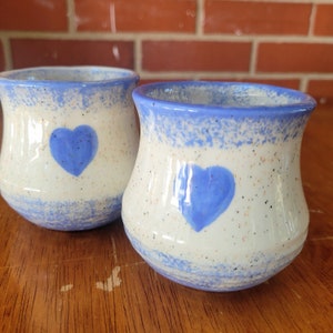 Retro Blue Heart Pottery Mugs Set of 2