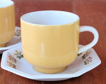 Vintage 1970s Mixed  Yellow and Floral Premiere and Johnson Bros. Cup and Saucer Set for 2