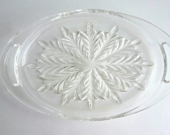 Vintage 1950s Jeanette "Feather " Clear Glass Handled Tray